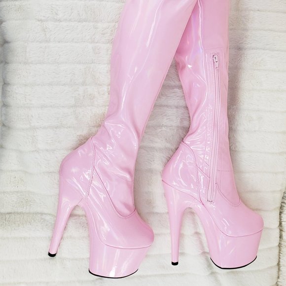 Sexy Thigh High Platform Boots Baby Pink Hologram - Picture 9 of 9
